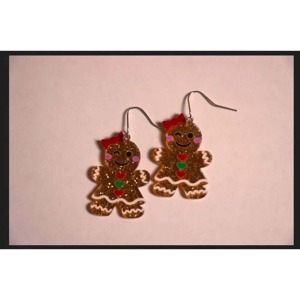 Glitter Gingerbread Holiday Earrings Gold Sparkle Cute